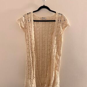 Rico Hand Knit short sleeve cream crochet long open cardigan with cap sleeves Si